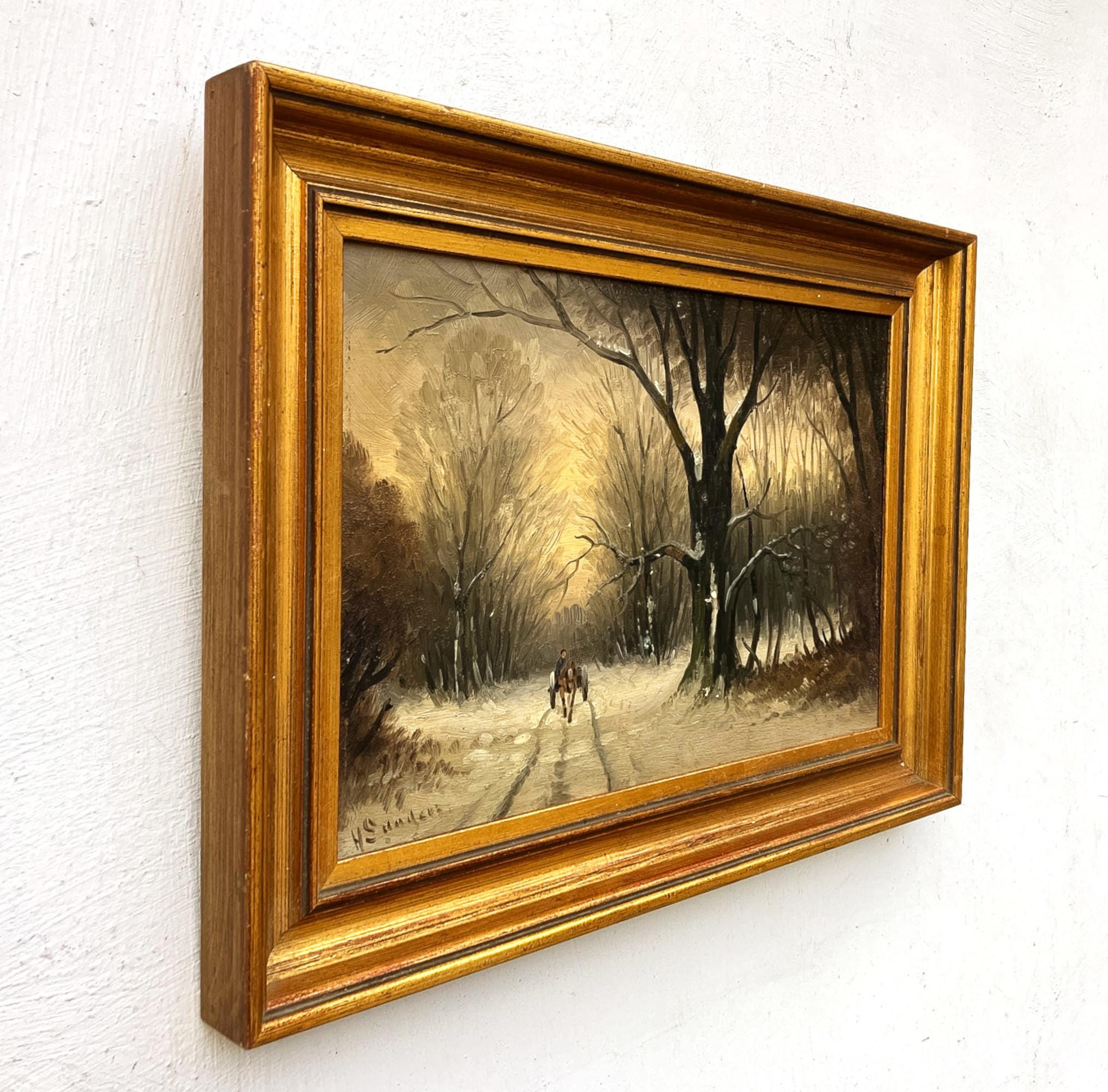 Scandinavian winter landscape with horse carriage, original oil painting, mid century decor - Image 3