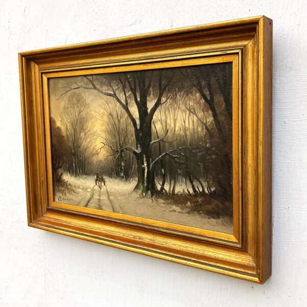 Scandinavian winter landscape with horse carriage, original oil painting, mid century decor