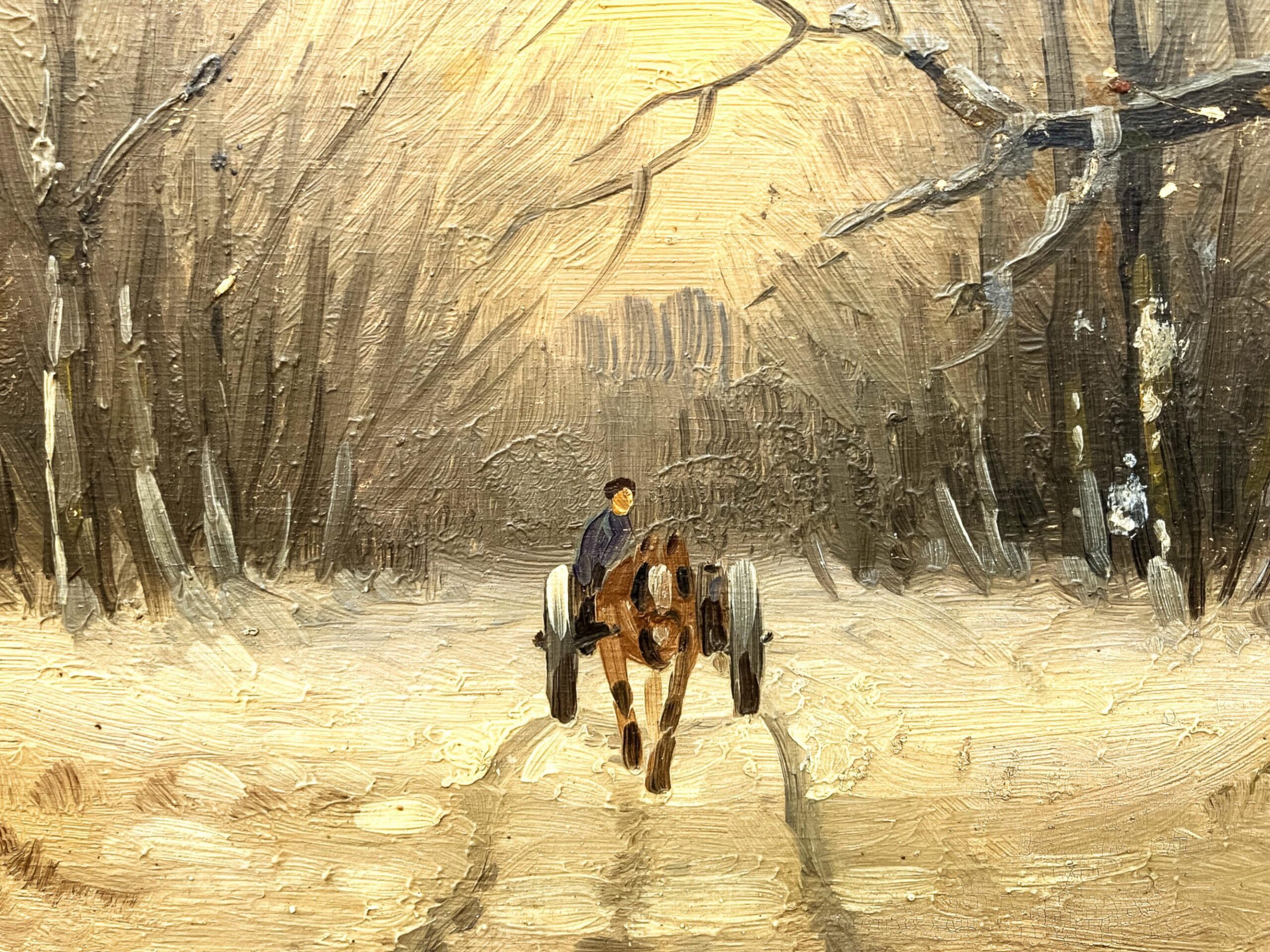 Scandinavian winter landscape with horse carriage, original oil painting, mid century decor - Image 7