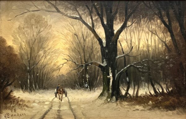 Scandinavian winter landscape with horse carriage, original oil painting, mid century decor