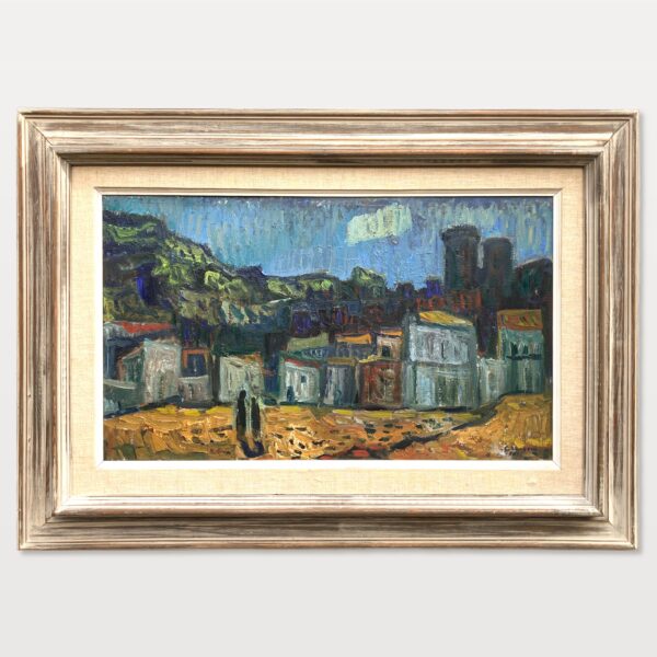 Mediterranean Village Oil Painting, Large Vintage Scandinavian Wall Art