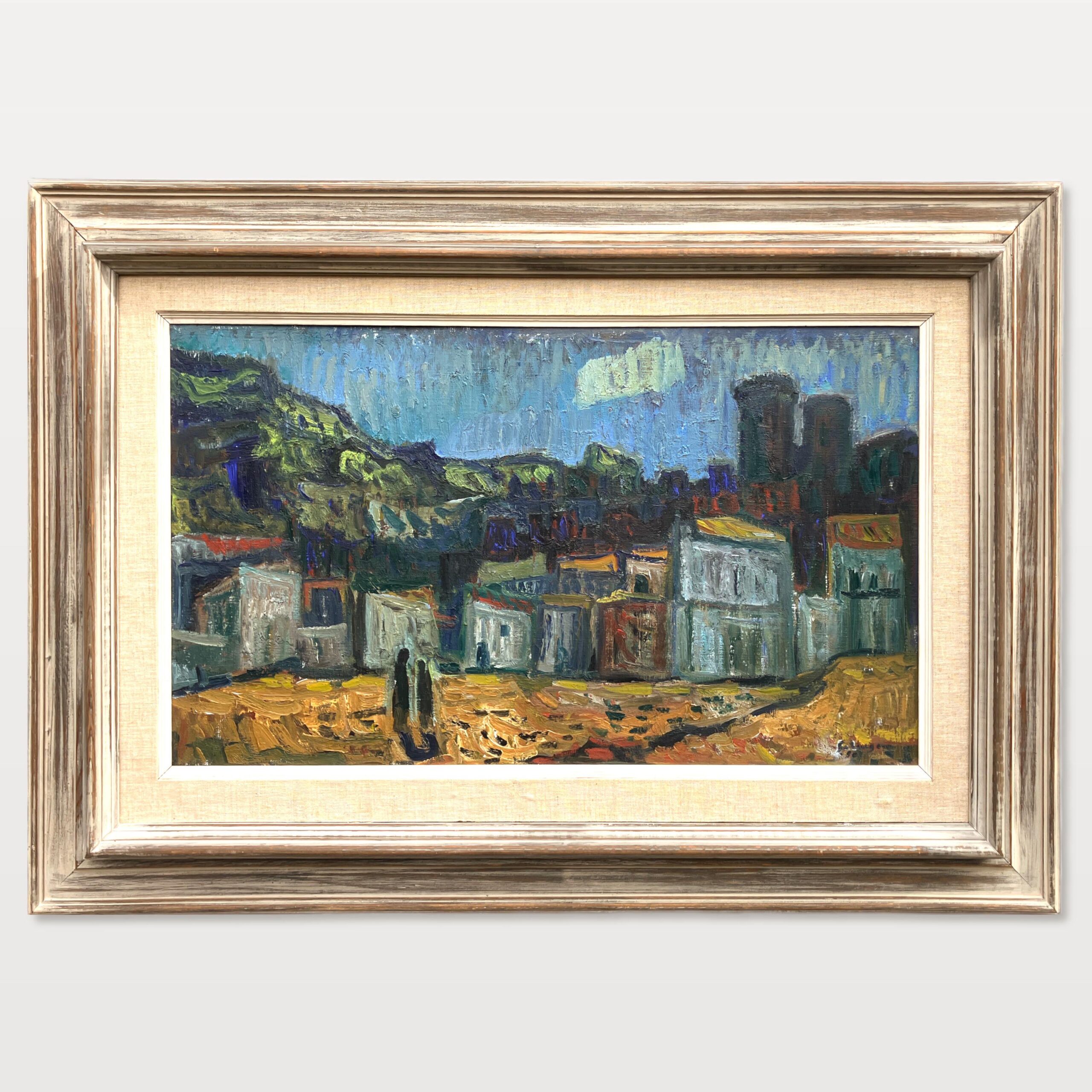 Mediterranean Village Oil Painting, Large Vintage Scandinavian Wall Art - Image 1