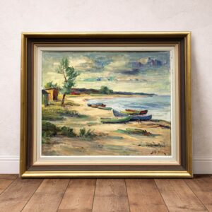 Scandinavian Beach Boats Oil Painting, Vintage Nordic Coastal Wall Art - Image 5