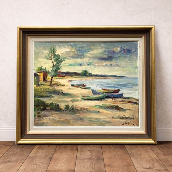 Scandinavian Beach Boats Oil Painting, Vintage Nordic Coastal Wall Art
