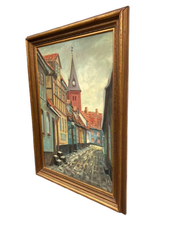 Large Danish Town Street Scene, Original Vintage Oil Painting, European Decor