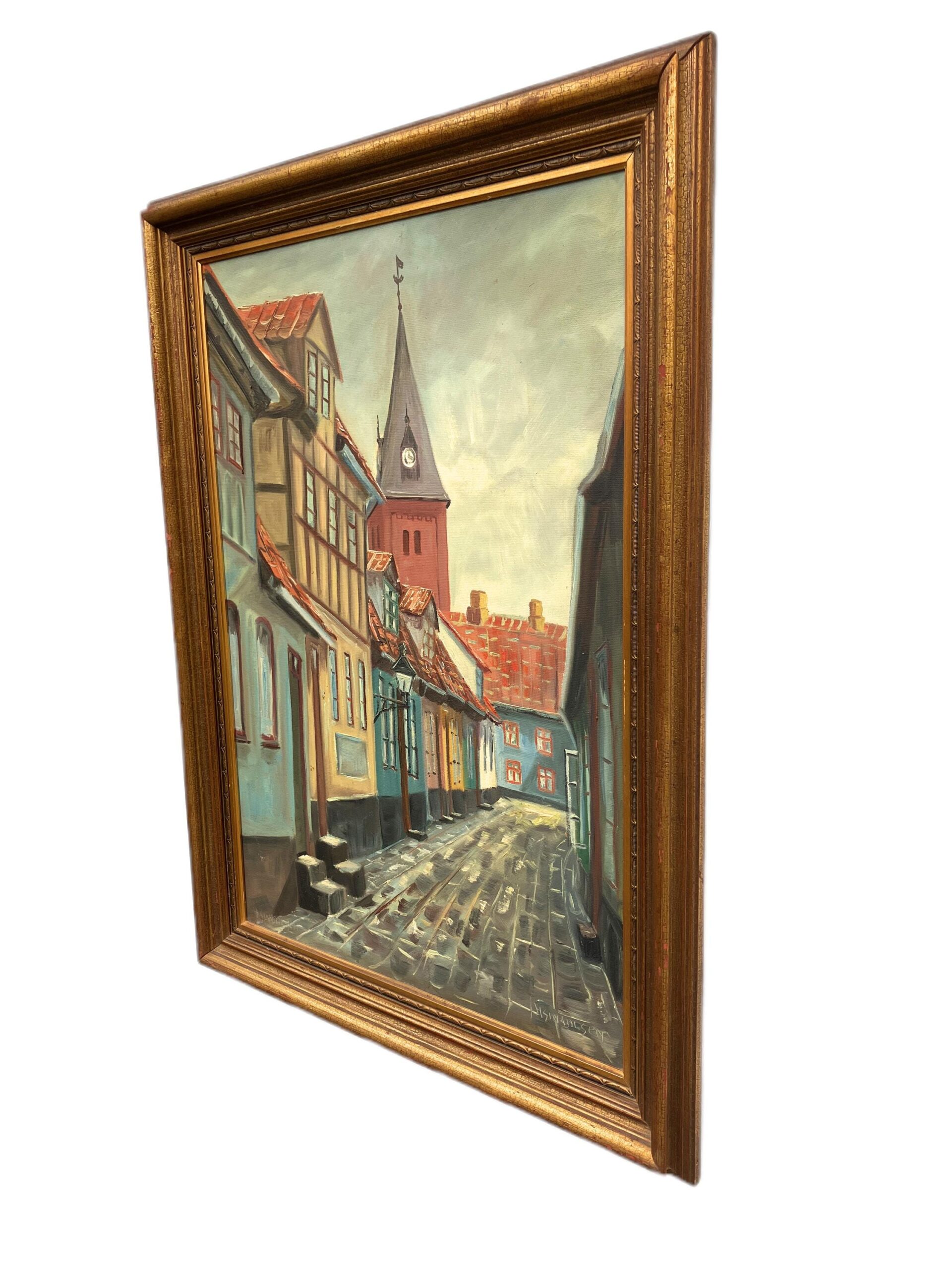 Large Danish Town Street Scene, Original Vintage Oil Painting, European Decor - Image 6