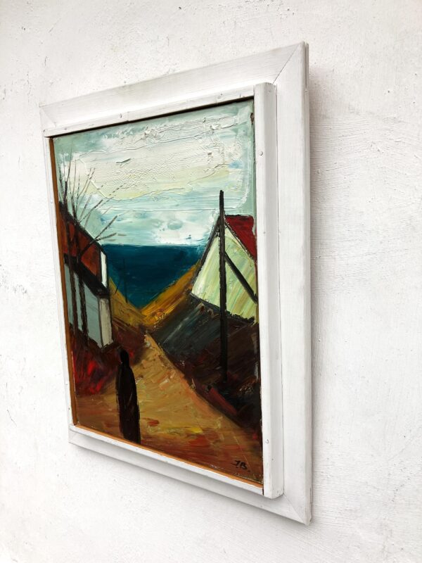 Coastal Village Scene, Vintage Oil Painting, Scandinavian Coastal Decor