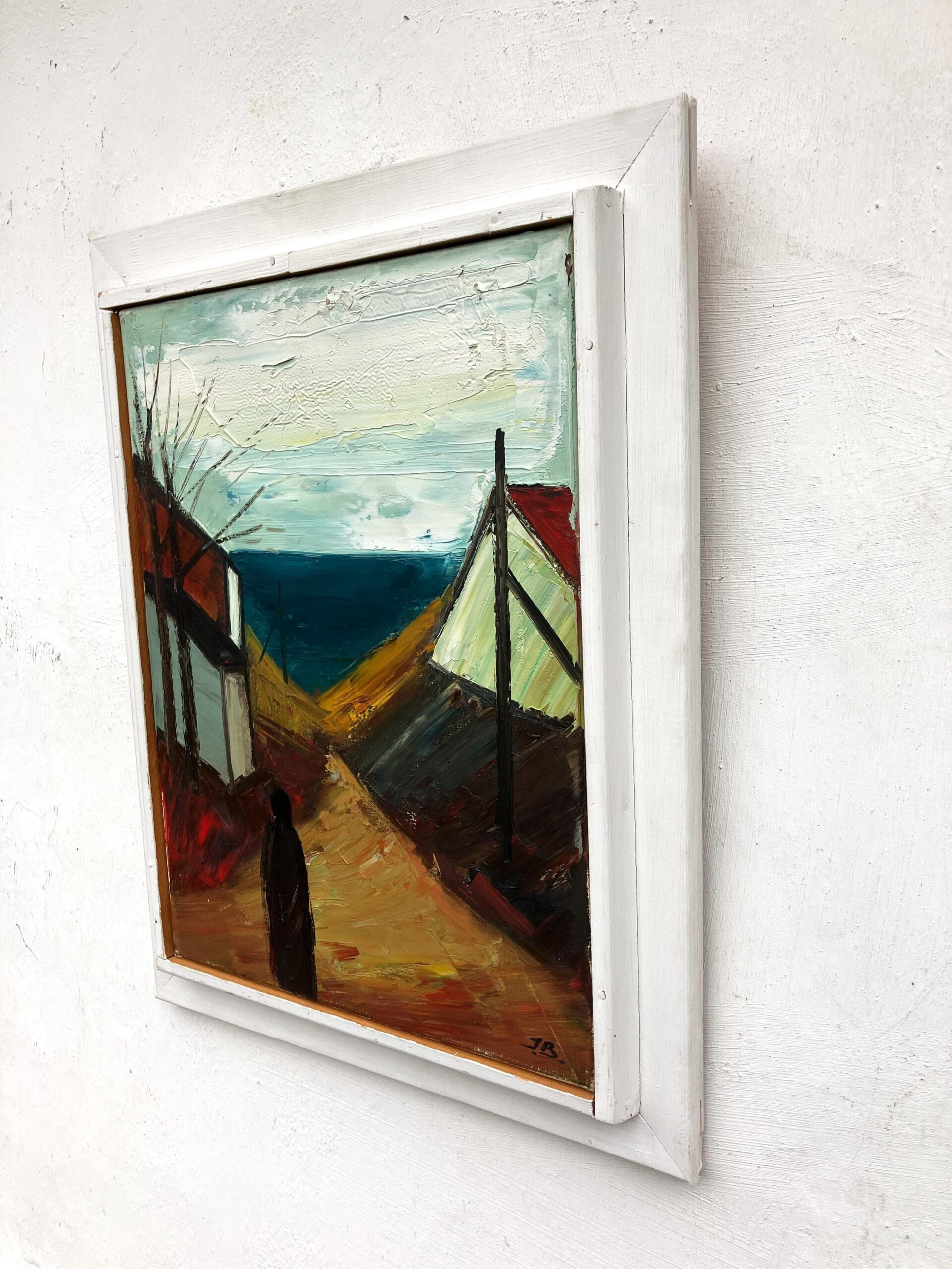 Coastal Village Scene, Vintage Oil Painting, Scandinavian Coastal Decor - Image 5