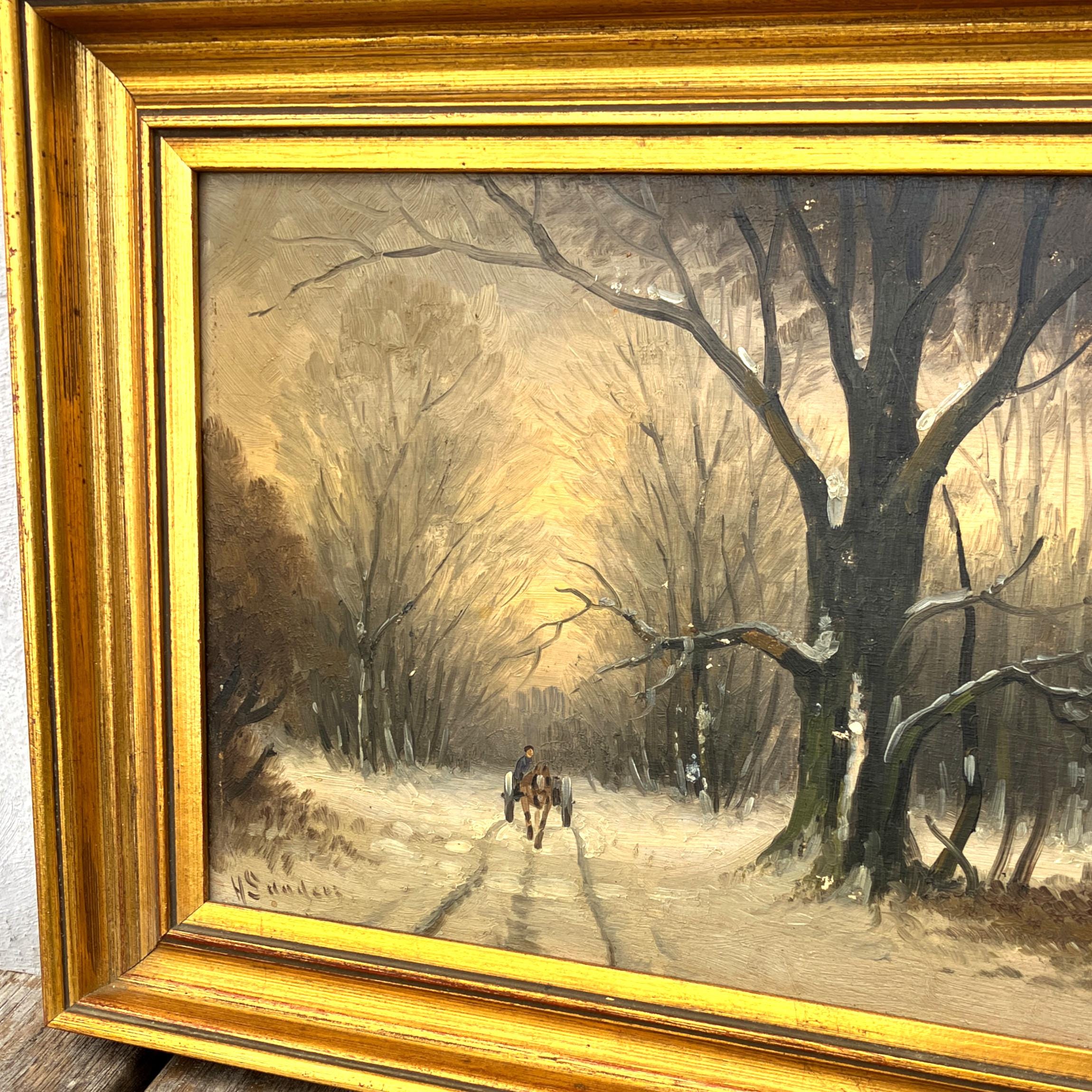 Scandinavian winter landscape with horse carriage, original oil painting, mid century decor - Image 2
