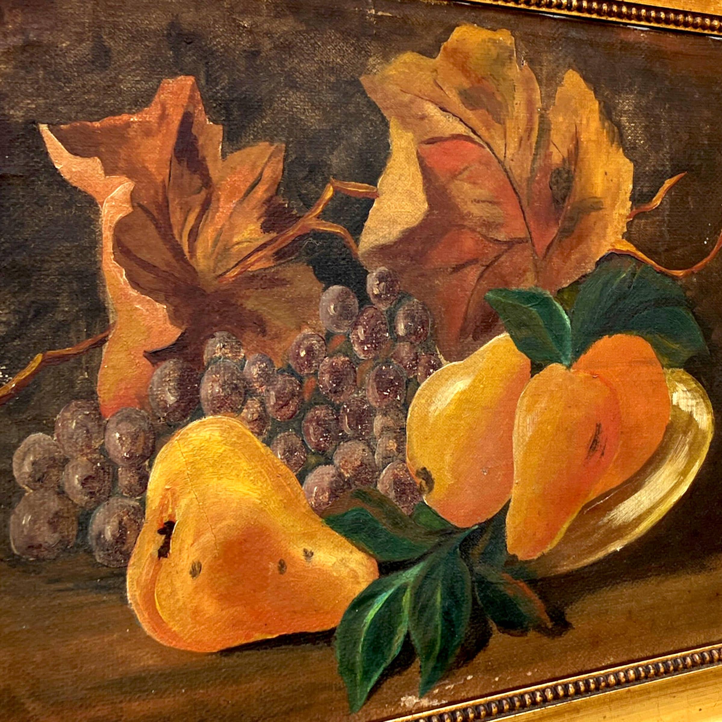 Still Life Painting Pears Grapes Autumn Leaves, Vintage Oil Painting, Cottage Decor - Image 2