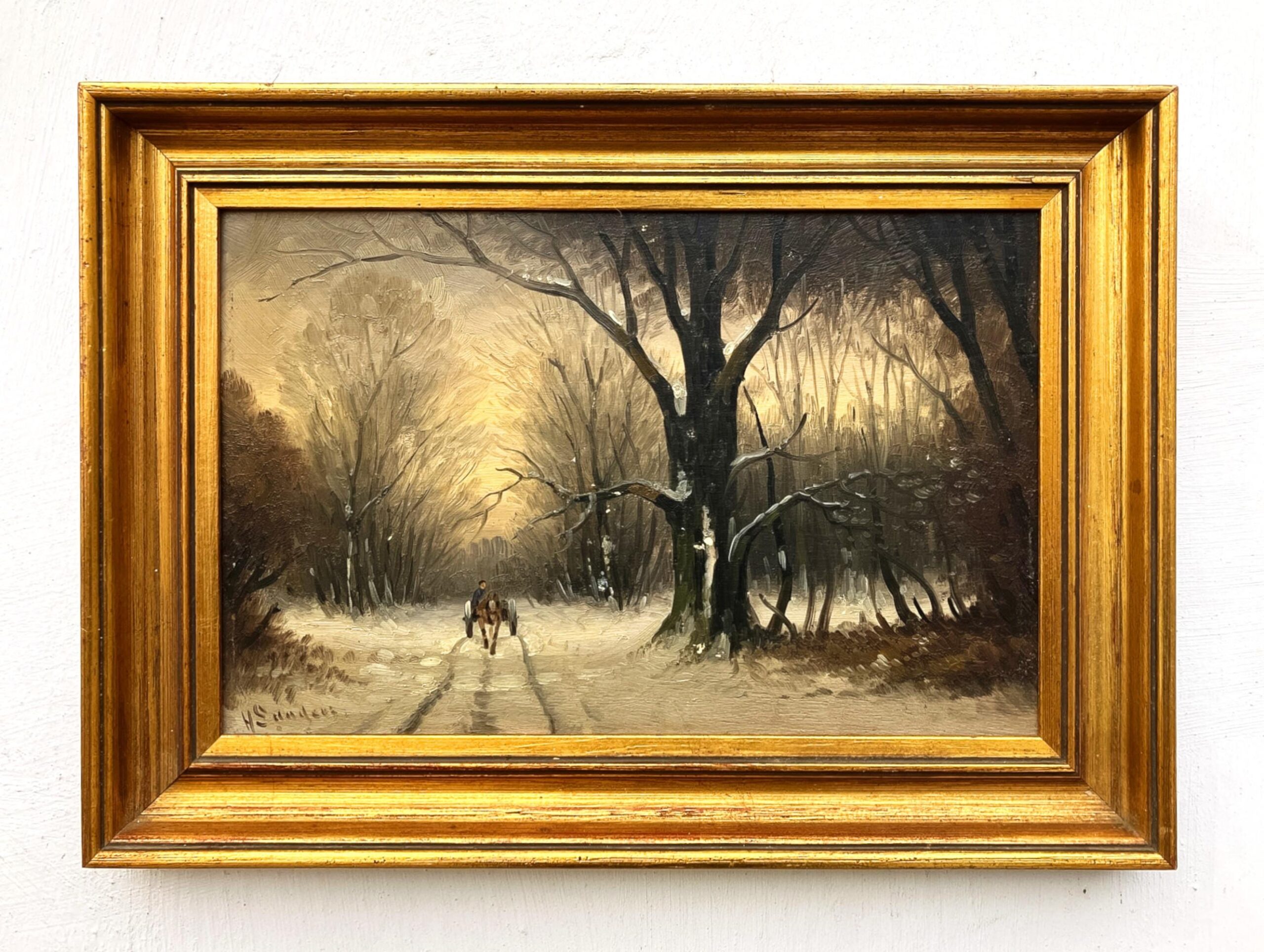 Scandinavian winter landscape with horse carriage, original oil painting, mid century decor