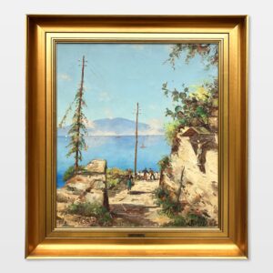 Large Capri Italy Coastal Scene with Figures, Vintage Oil Painting, European Decor