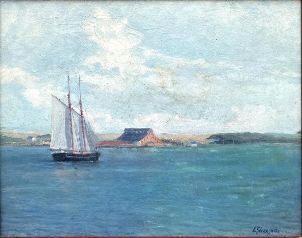 Coastal Seascape with Ship, Vintage Oil Painting, Scandinavian Coastal Decor