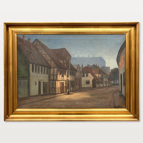Original Danish Oil Painting, Street Scene at Dusk, Scandinavian Cityscape