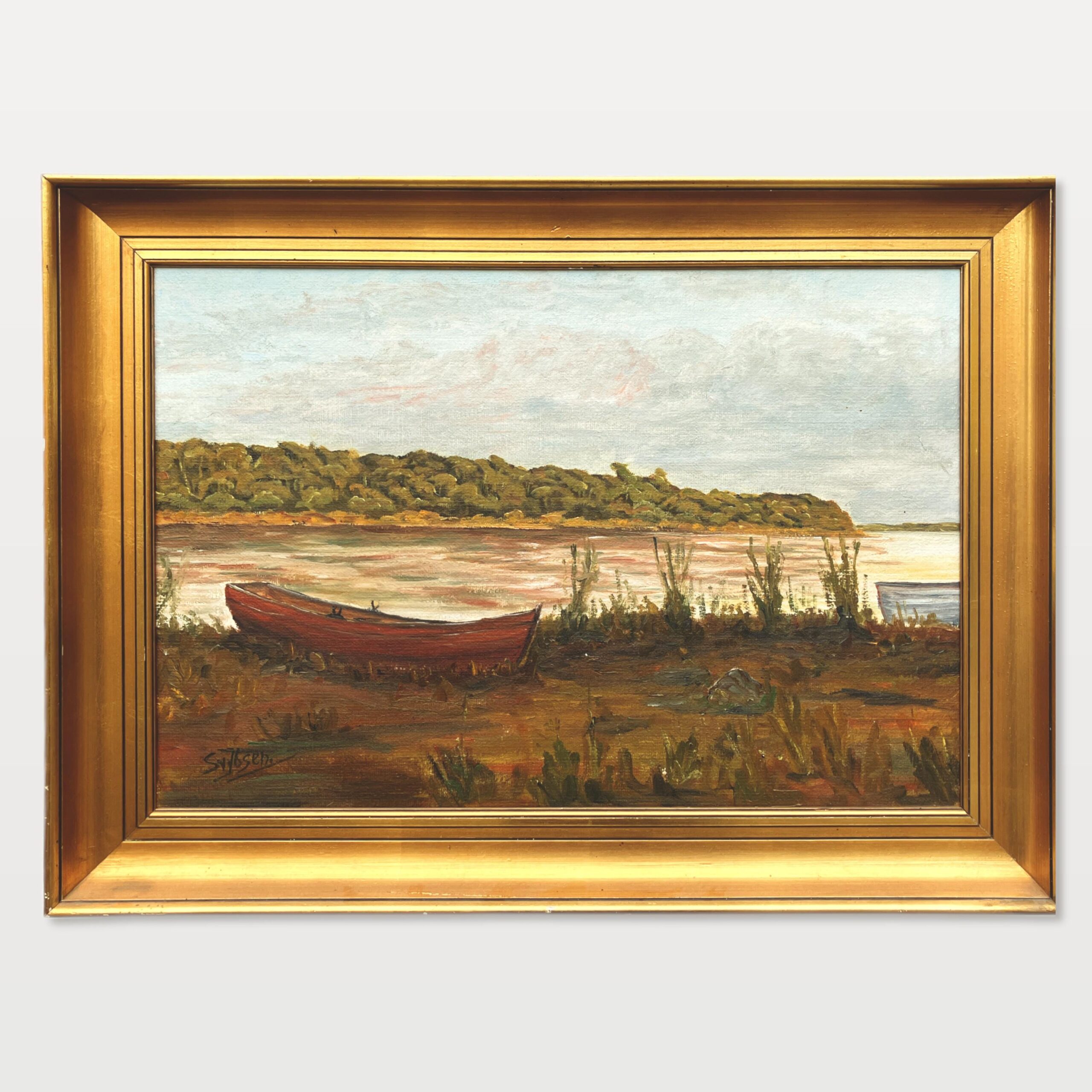 Lake Painting, Vintage Oil Painting, Farmhouse Decor - Image 1