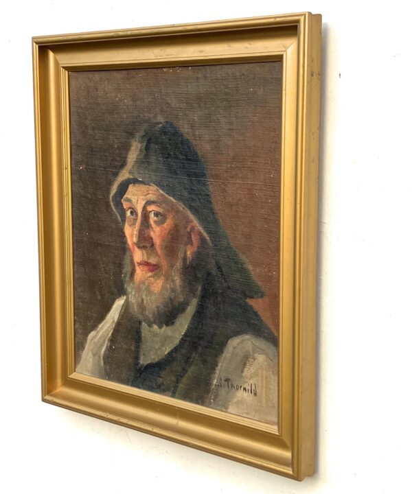 Original Danish oil painting, Medium fisherman portrait warm earthy tones, Scandinavian realism, Christian Thornild