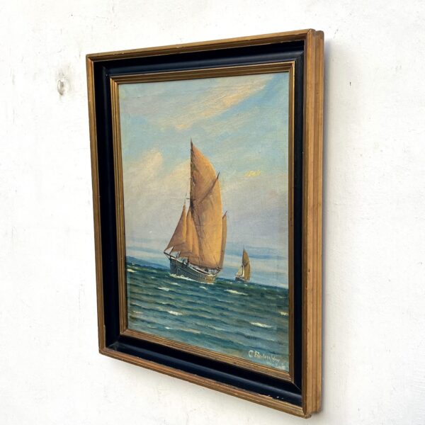 Danish Oil Painting Sailboat Seascape Coastal Art Carl Frederiksen Circa 1920s-1930s