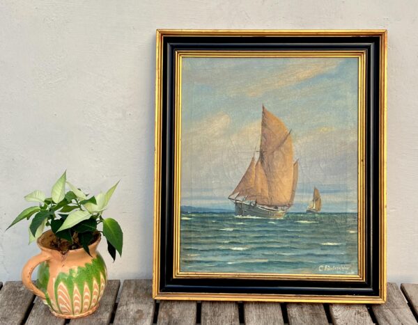 Danish Oil Painting Sailboat Seascape Coastal Art Carl Frederiksen Circa 1920s-1930s
