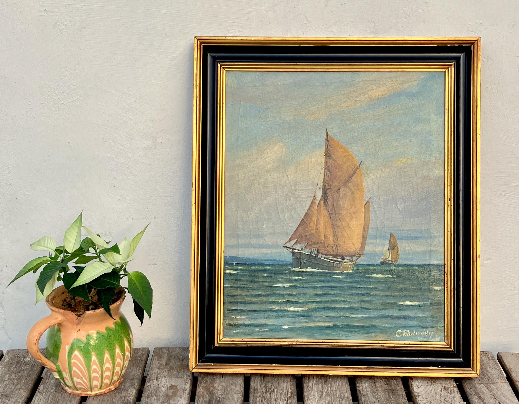 Danish Oil Painting Sailboat Seascape Coastal Art Carl Frederiksen Circa 1920s-1930s - Image 2