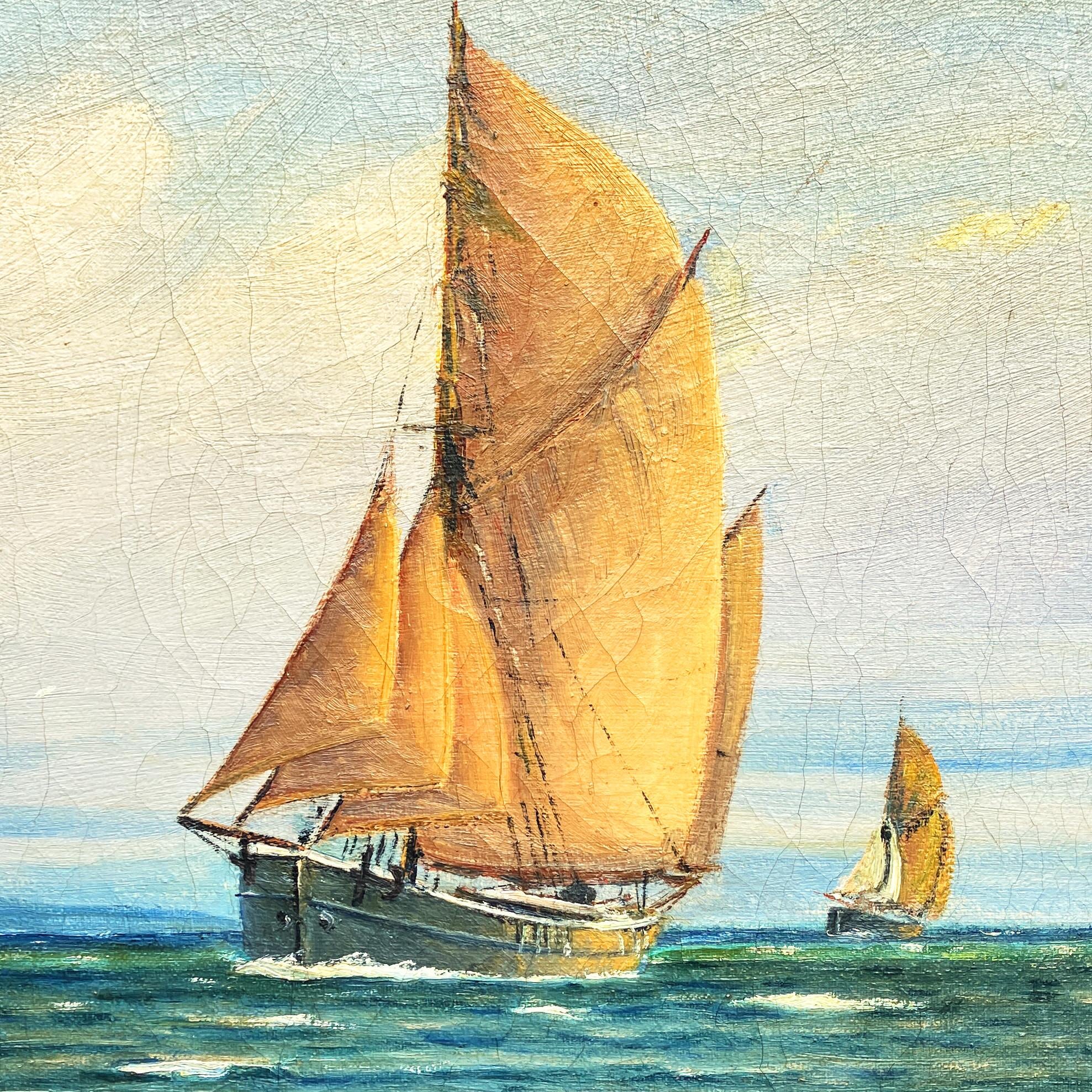 Danish Oil Painting Sailboat Seascape Coastal Art Carl Frederiksen Circa 1920s-1930s - Image 5