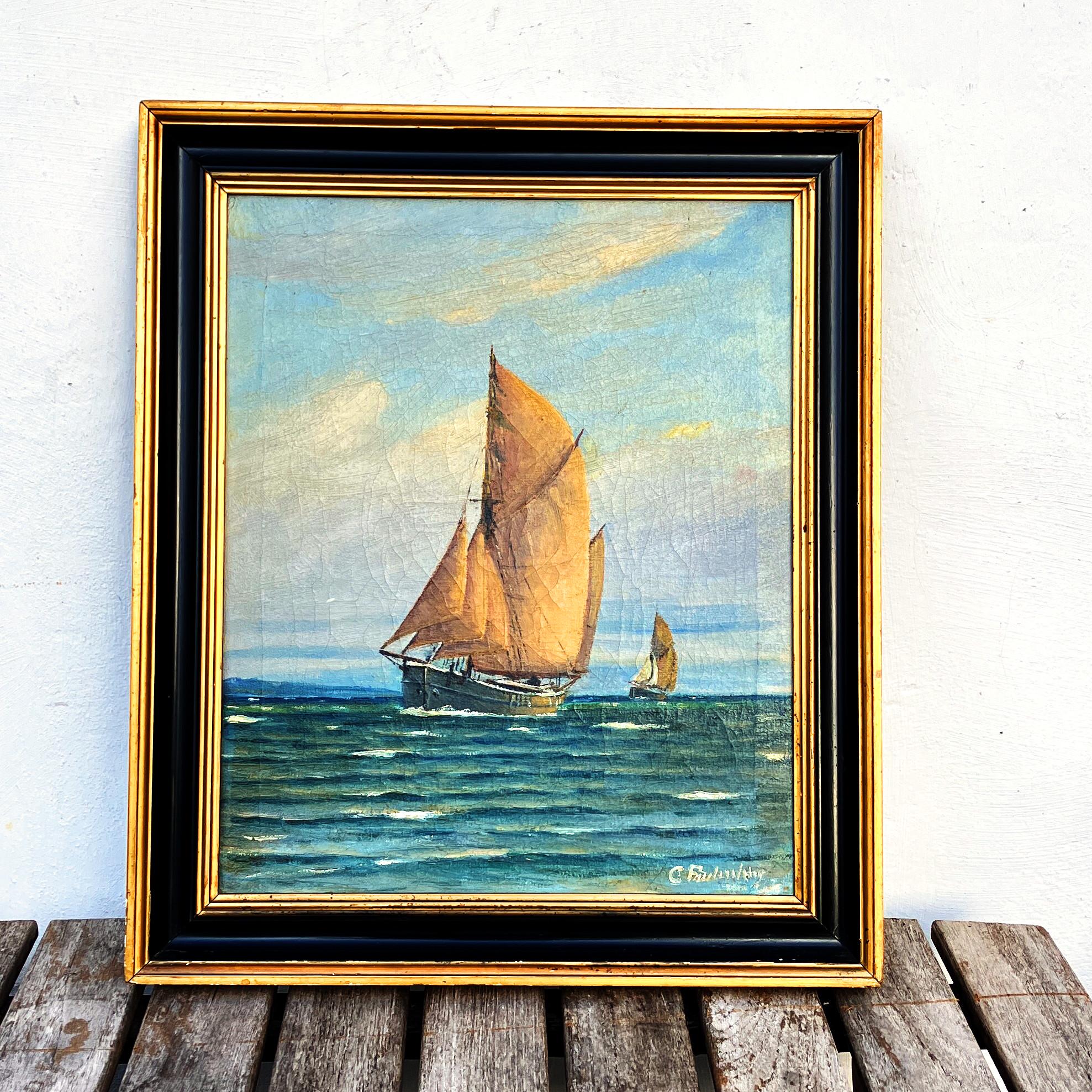 Danish Oil Painting Sailboat Seascape Coastal Art Carl Frederiksen Circa 1920s-1930s - Image 8