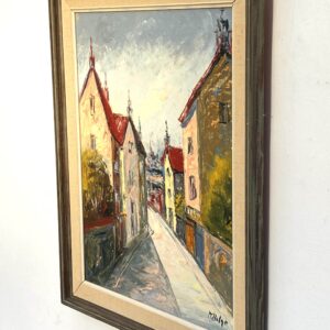 Street Scene Oil Painting – Scandinavian Town, Red Roof Houses, Original Vintage Art - Image 5
