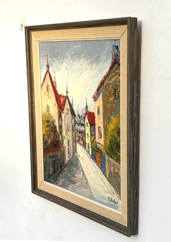 Street Scene Oil Painting – Scandinavian Town, Red Roof Houses, Original Vintage Art