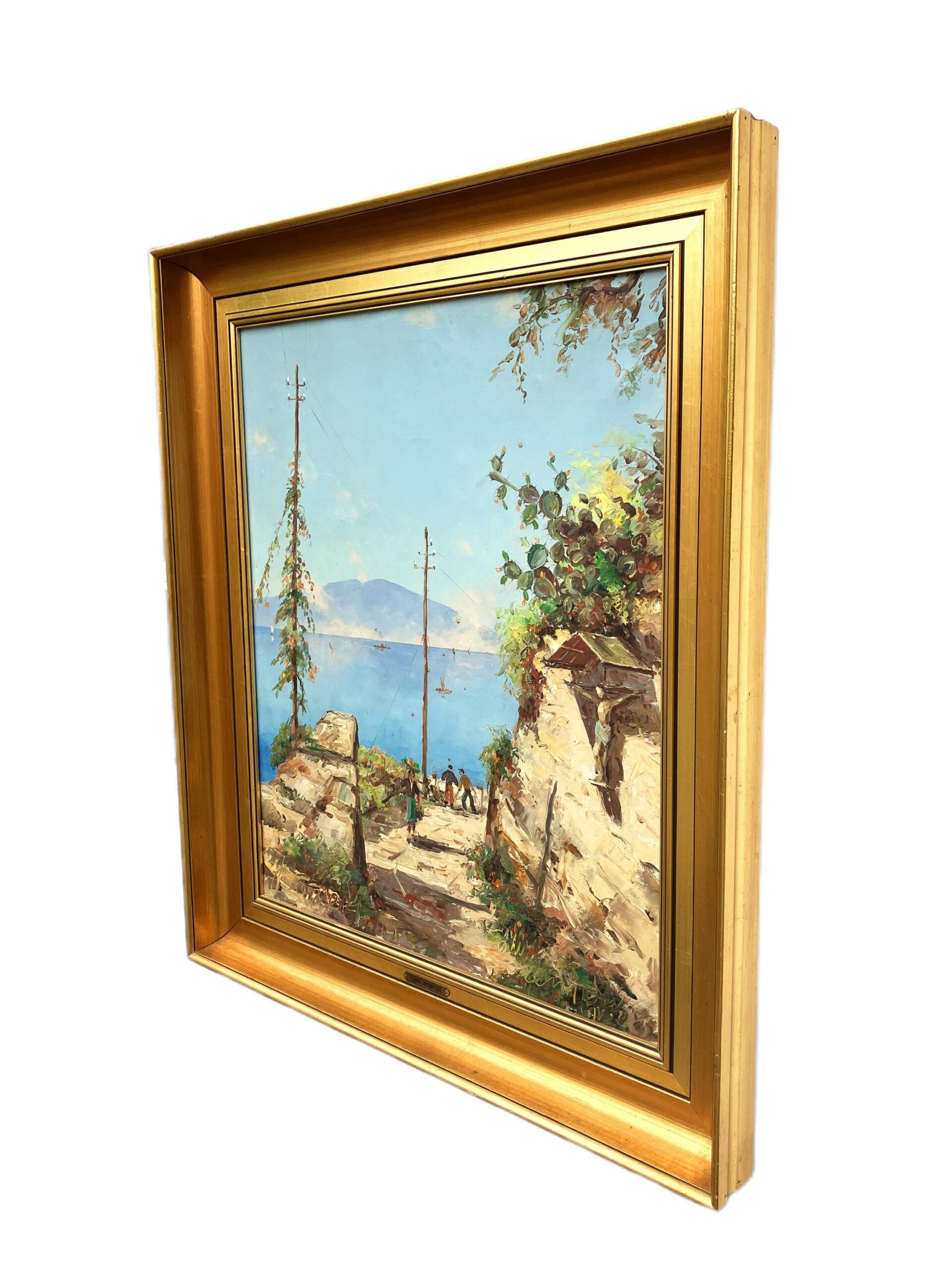 Large Capri Italy Coastal Scene with Figures, Vintage Oil Painting, European Decor - Image 5