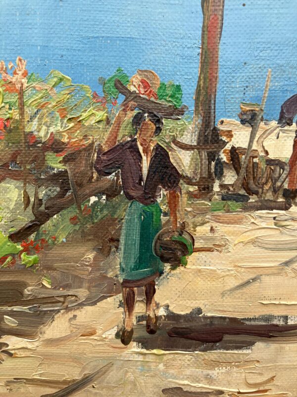 Large Capri Italy Coastal Scene with Figures, Vintage Oil Painting, European Decor