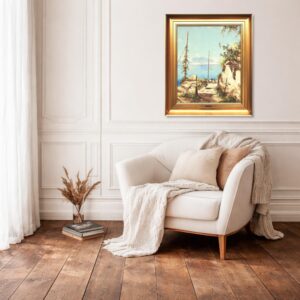Large Capri Italy Coastal Scene with Figures, Vintage Oil Painting, European Decor - Image 3
