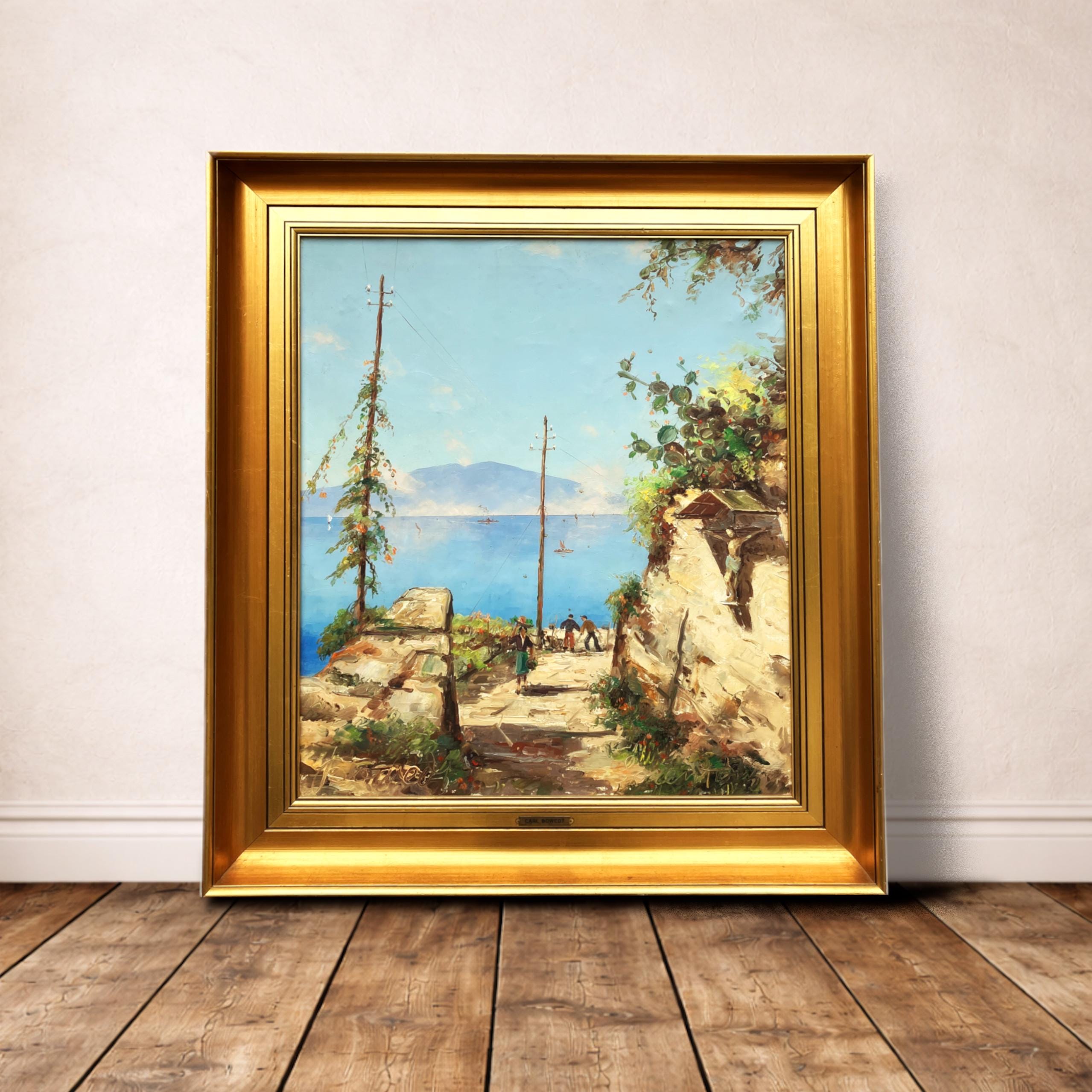 Large Capri Italy Coastal Scene with Figures, Vintage Oil Painting, European Decor - Image 2