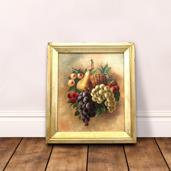 Antique European Fruit Still Life Oil Painting – Grapes, Pear, Cherries, Pineapple 1908
