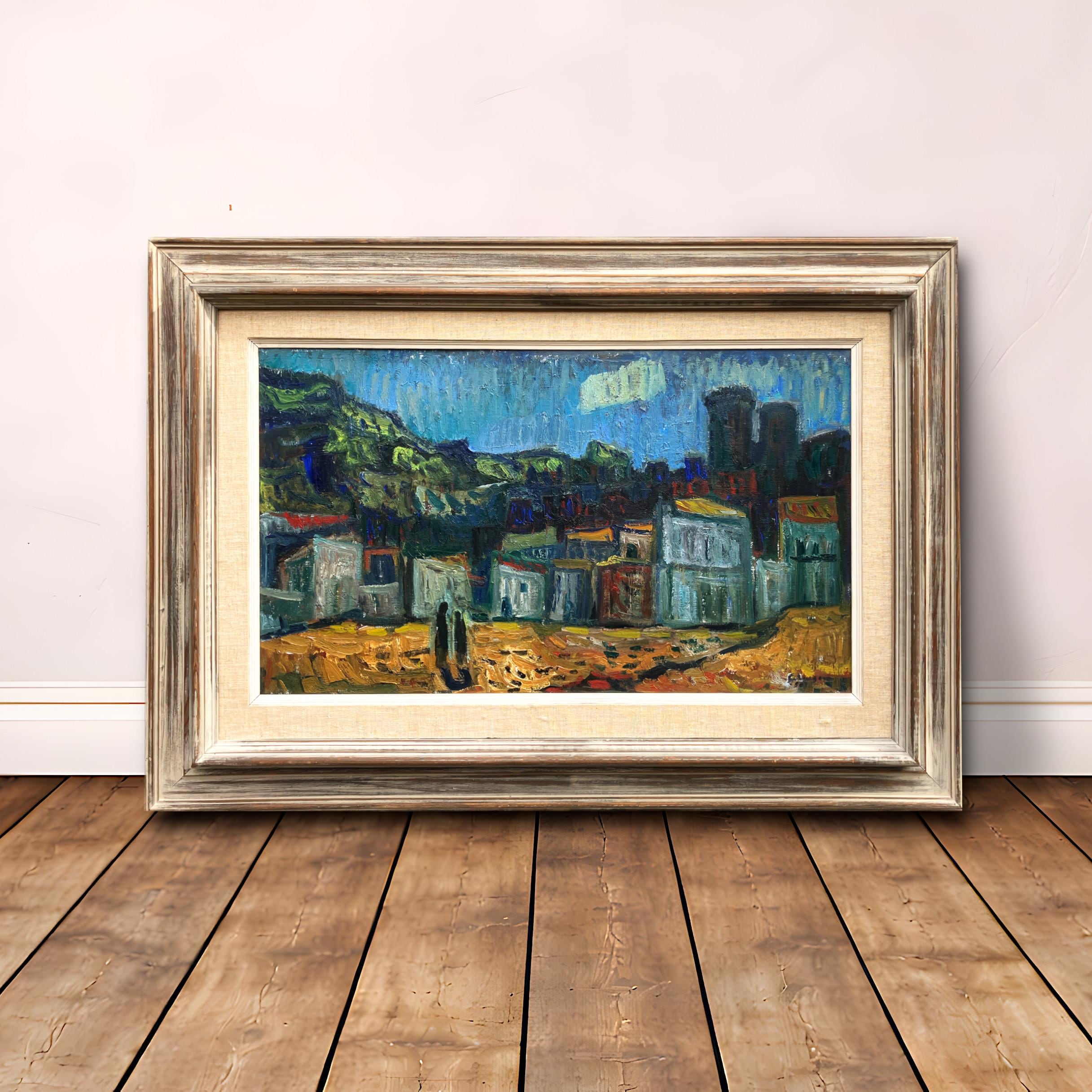 Mediterranean Village Oil Painting, Large Vintage Scandinavian Wall Art - Image 2