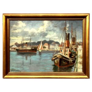 Vintage Oil Painting – Danish Harbor Scene with Boats, Original Scandinavian Artwork