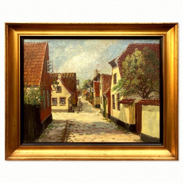 Vintage Oil Painting: Danish Village Street Summer Scene , Framed Original Scandinavian Art