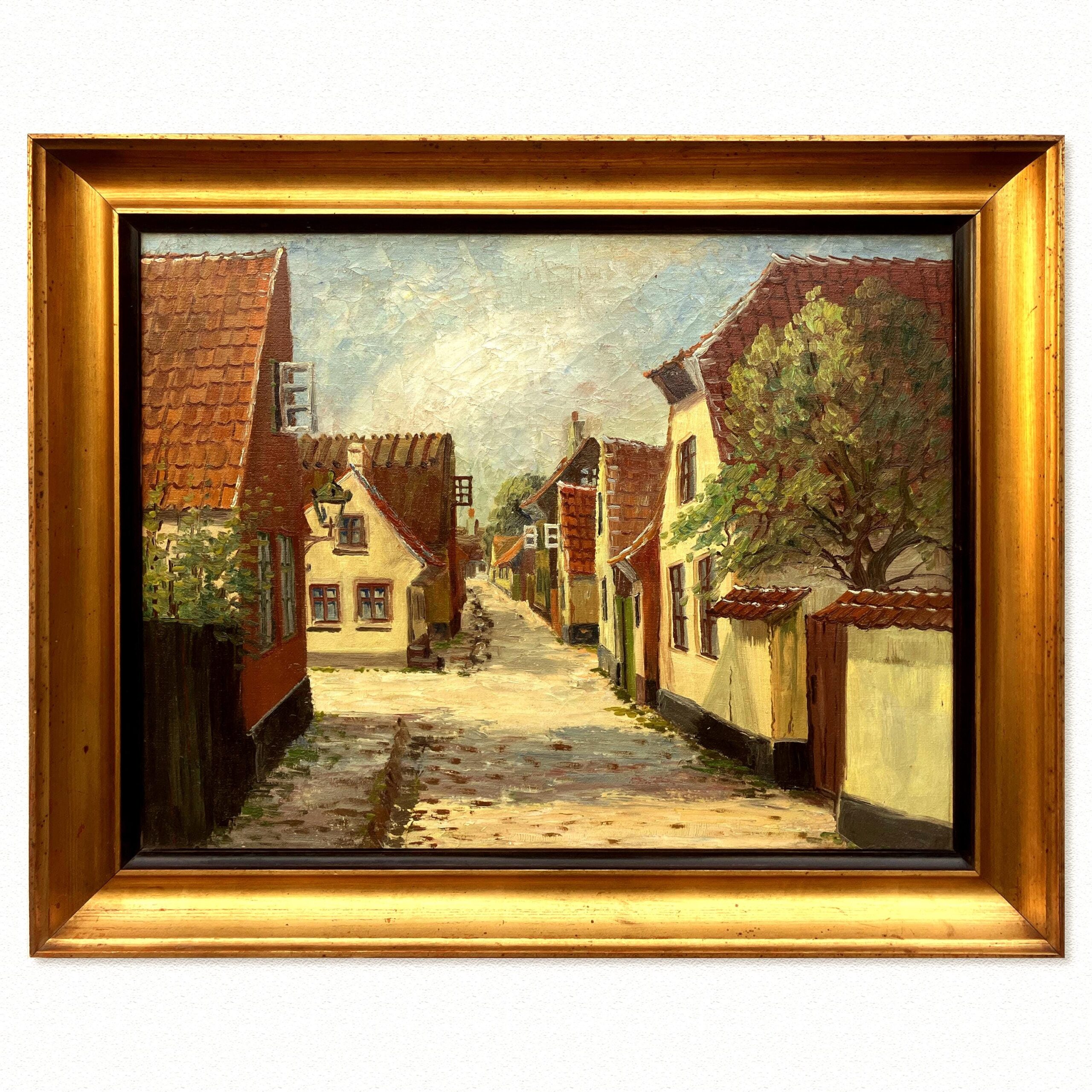 Vintage Oil Painting: Danish Village Street Summer Scene , Framed Original Scandinavian Art - Image 1