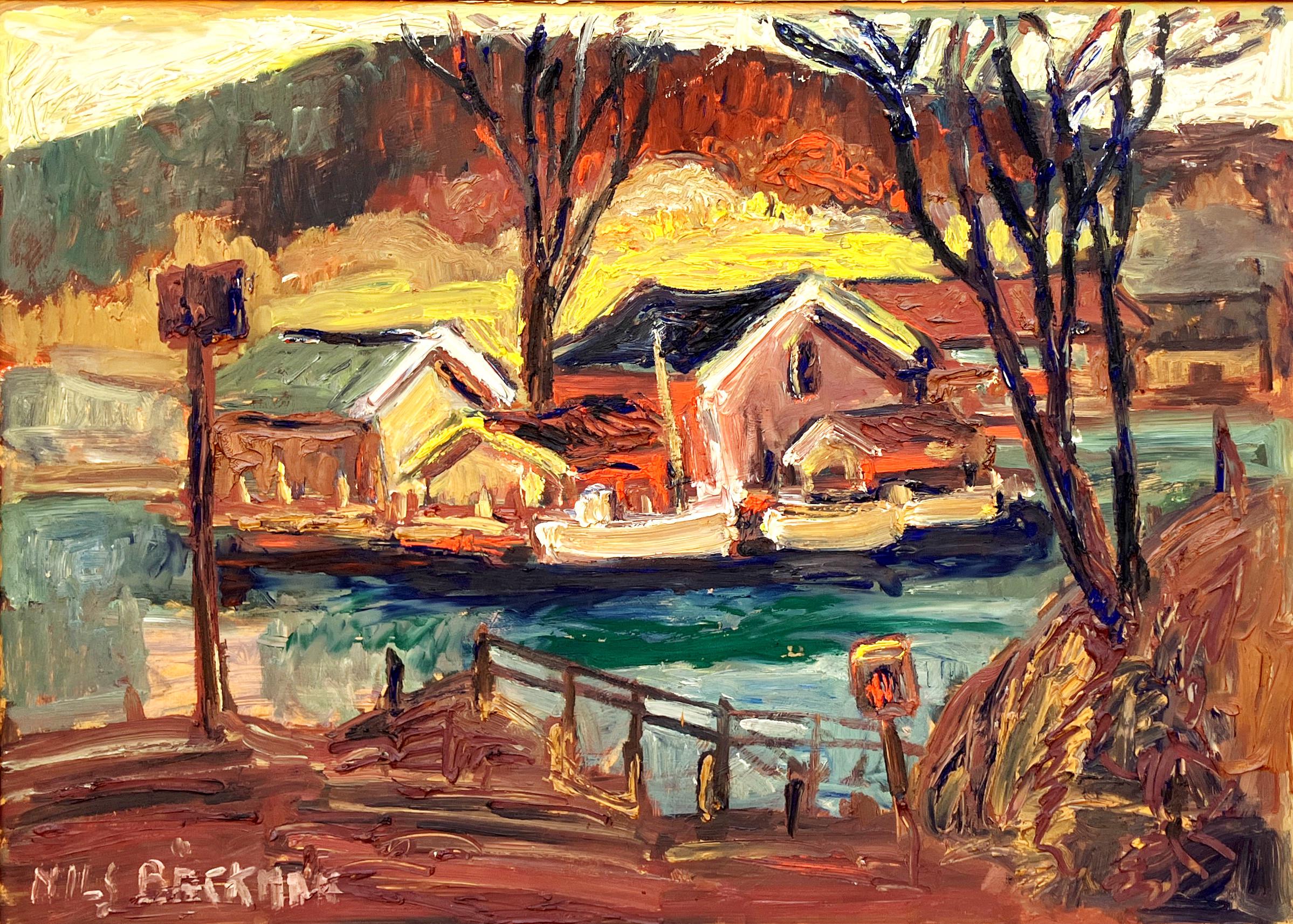 Original Oil Painting – Swedish Coastal Landscape with Boats, 1930s Scandinavian Expressionist Art - Image 4