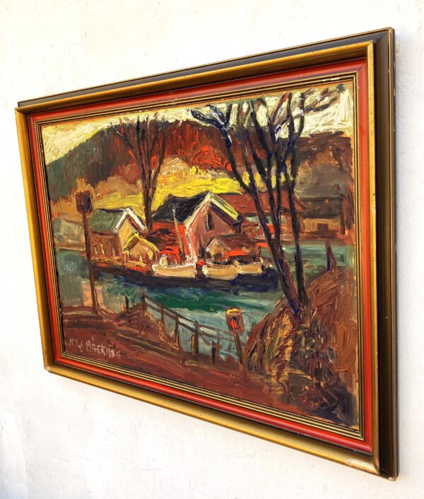Original Oil Painting – Swedish Coastal Landscape with Boats, 1930s Scandinavian Expressionist Art