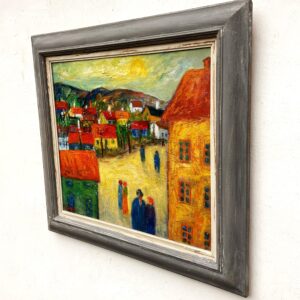 Original 1940s Swedish Oil Painting – Colorful Street Scene with Figures, Scandinavian Expressionist Art - Image 5