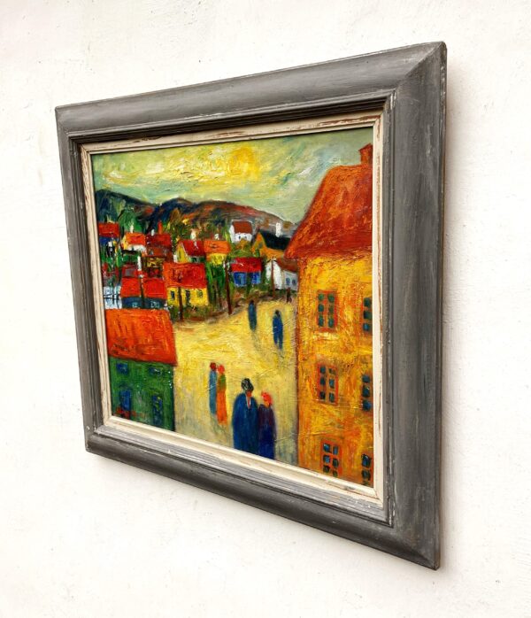 Original 1940s Swedish Oil Painting – Colorful Street Scene with Figures, Scandinavian Expressionist Art