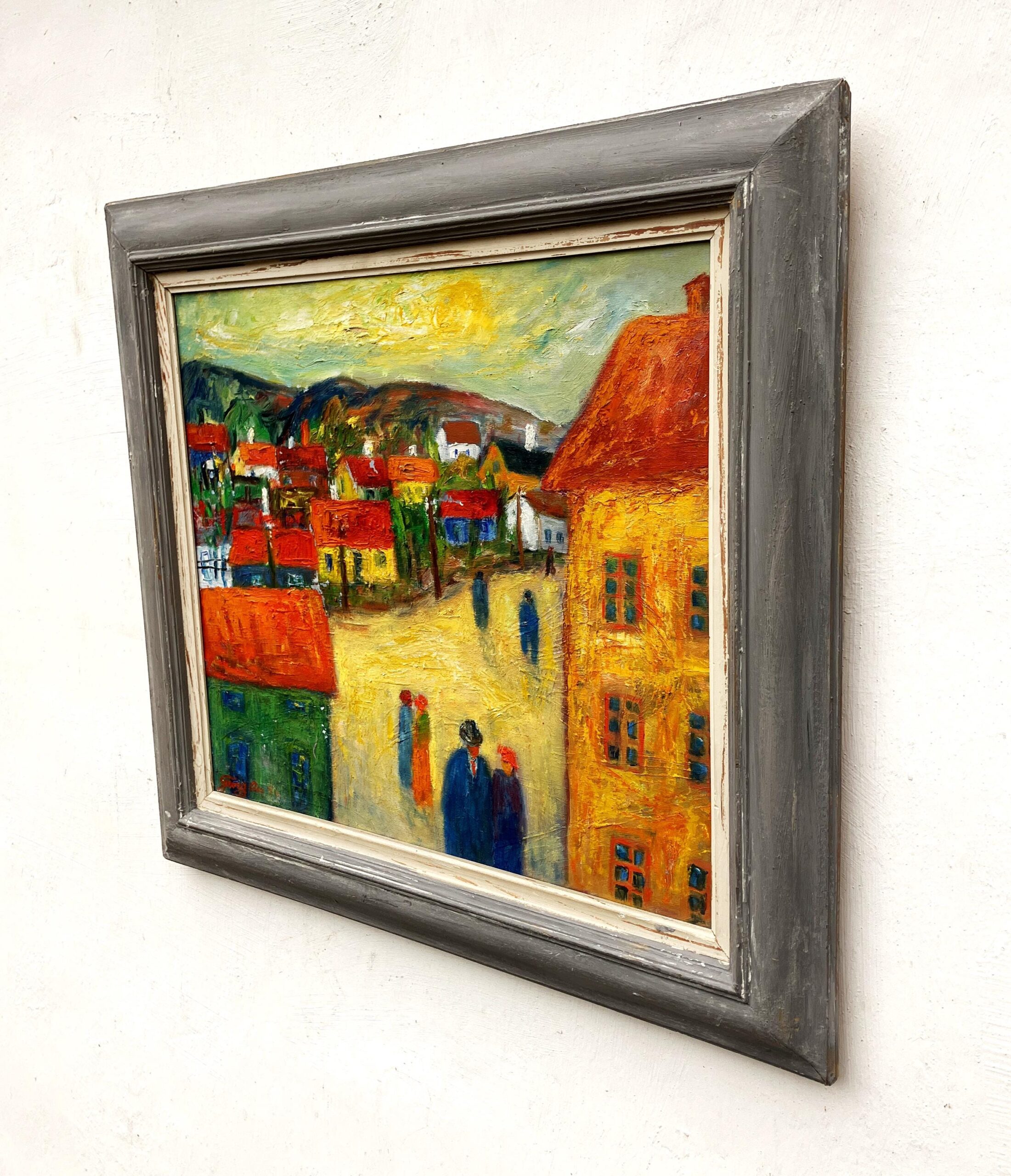 Original 1940s Swedish Oil Painting – Colorful Street Scene with Figures, Scandinavian Expressionist Art - Image 5
