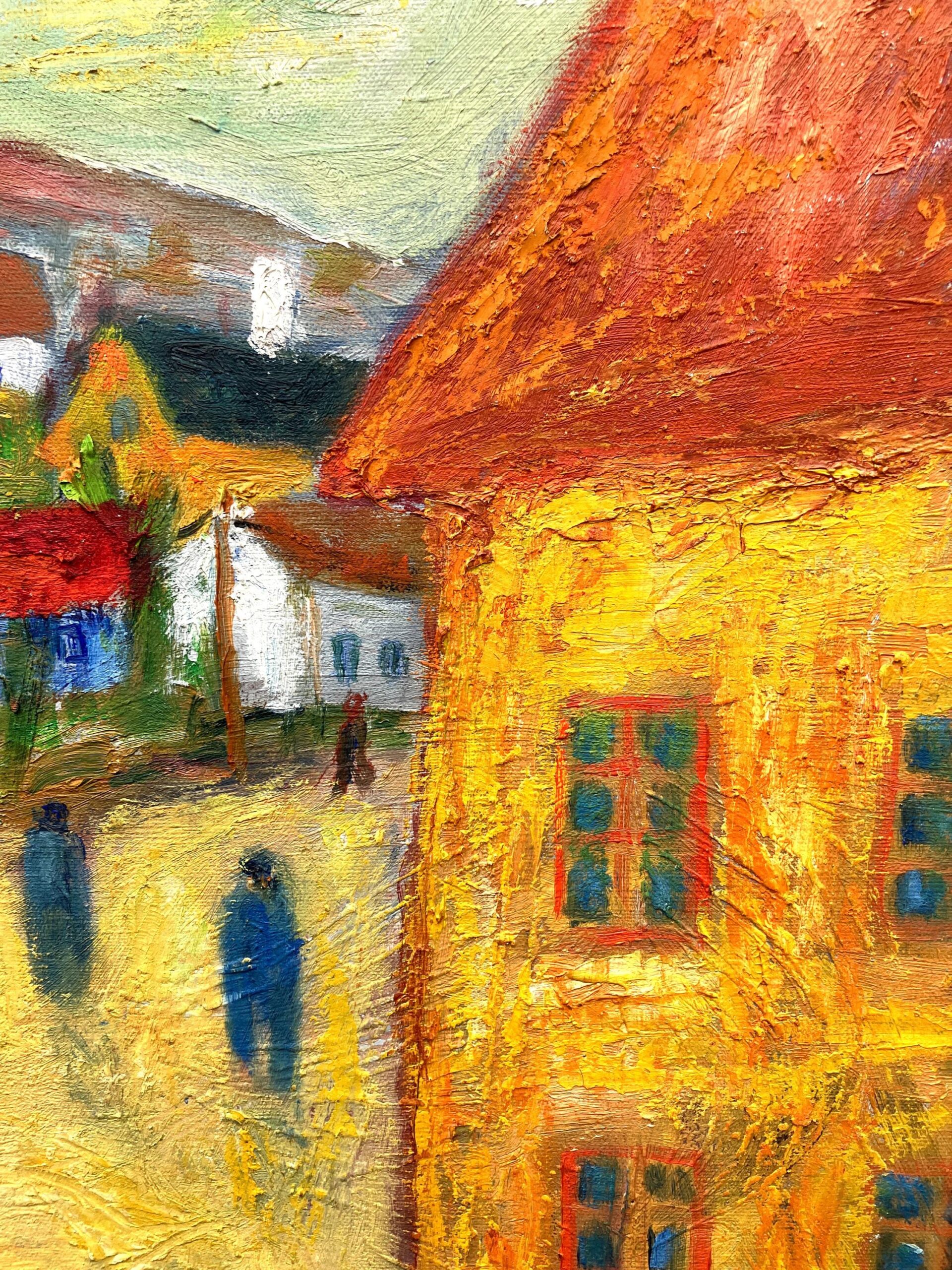Original 1940s Swedish Oil Painting – Colorful Street Scene with Figures, Scandinavian Expressionist Art - Image 7
