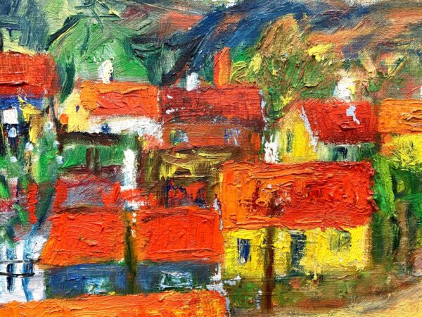 Original 1940s Swedish Oil Painting – Colorful Street Scene with Figures, Scandinavian Expressionist Art