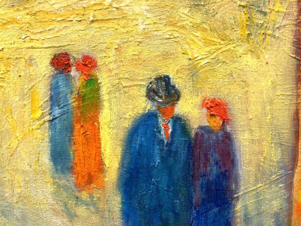 Original 1940s Swedish Oil Painting – Colorful Street Scene with Figures, Scandinavian Expressionist Art