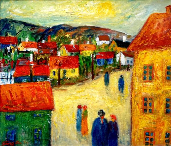 Original 1940s Swedish Oil Painting – Colorful Street Scene with Figures, Scandinavian Expressionist Art