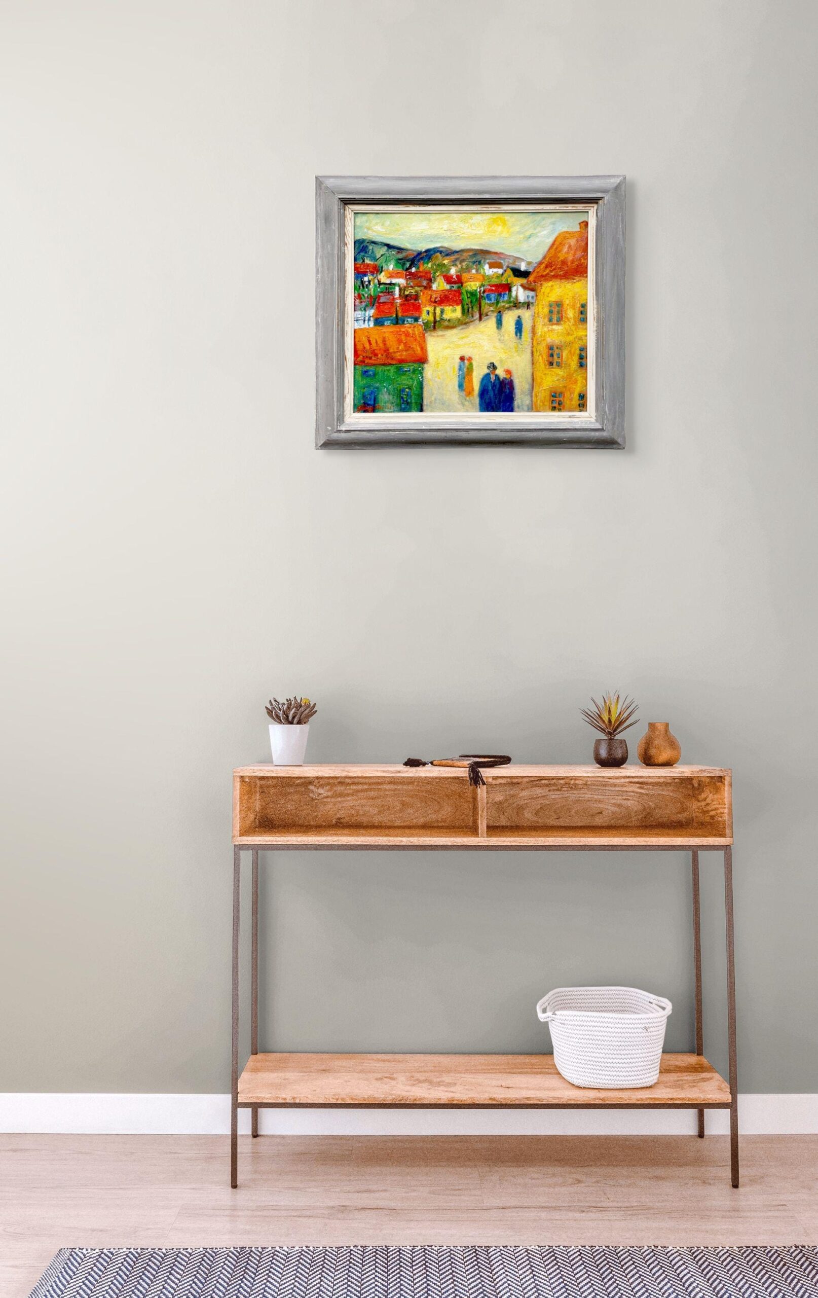 Original 1940s Swedish Oil Painting – Colorful Street Scene with Figures, Scandinavian Expressionist Art - Image 3