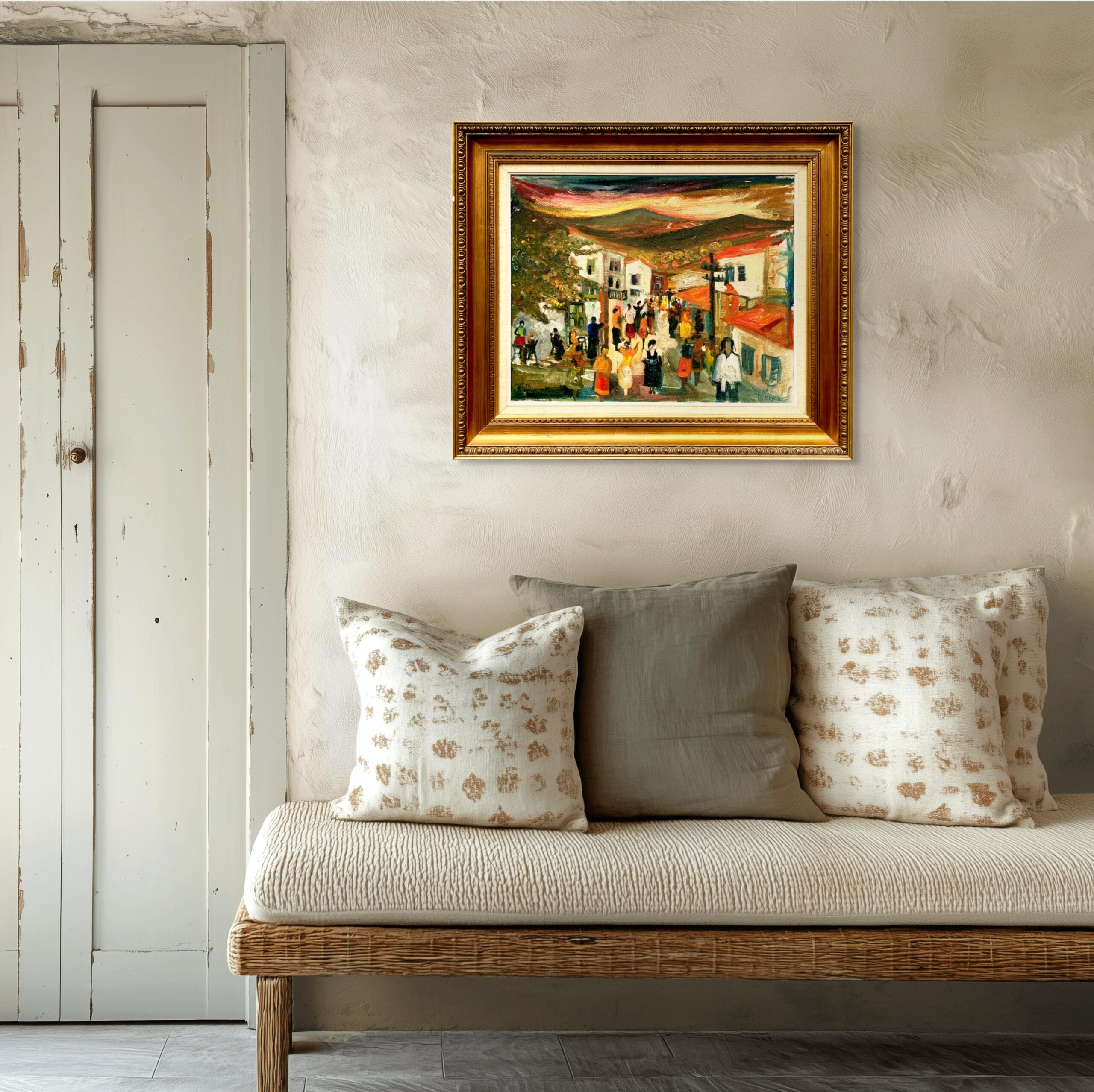 Original Swedish Oil Painting – Greek Village Scene with people – Harald Grovens - Image 2