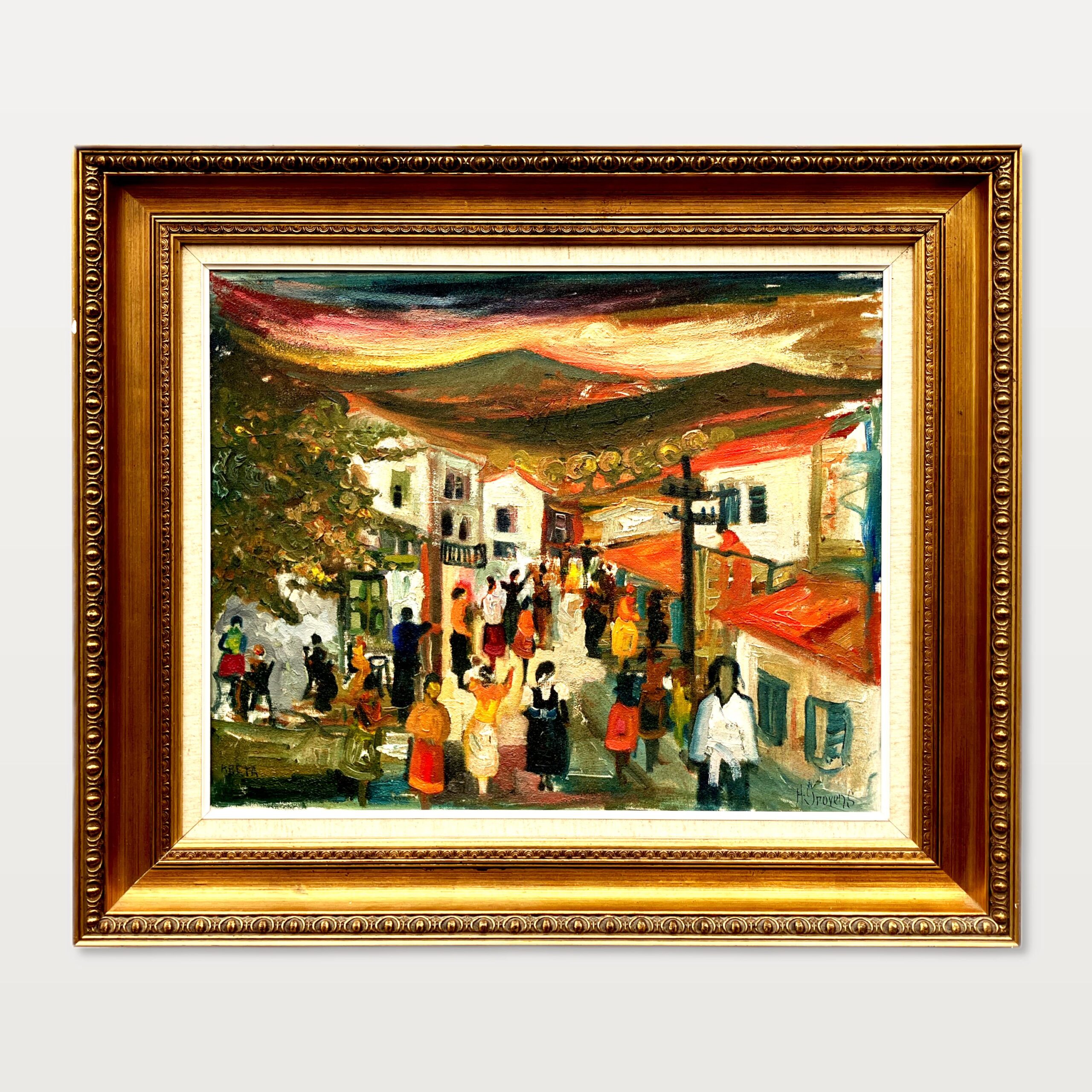 Original Swedish Oil Painting – Greek Village Scene with people – Harald Grovens - Image 1
