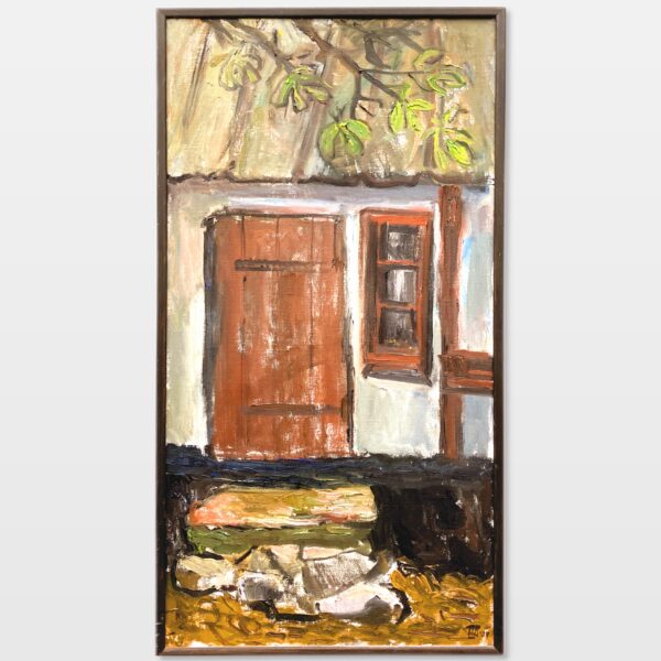 Large Oil Painting by Ulla Borgström, Scandinavian Cottage Facade, Rustic Decor