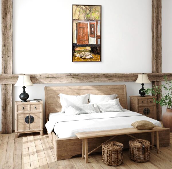 Large Oil Painting by Ulla Borgström, Scandinavian Cottage Facade, Rustic Decor